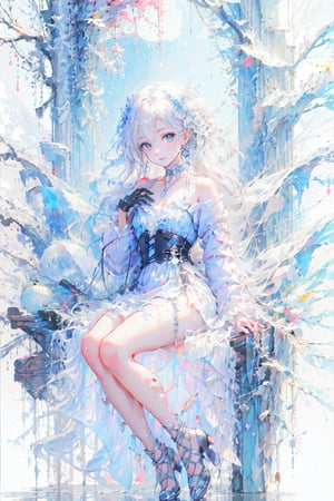 A young girl sits alone, her long white hair cascading down her back like a river of snow. Her bright blue eyes sparkle as she gazes directly at the viewer, a gentle blush rising to her cheeks. A delicate hair ornament adorns her locks, which fall between her eyes in soft waves. She wears black gloves and long sleeves under her flowing white dress, cinched at the collarbone by a silver chain. A black choker with a small cross pendant glimmers around her neck. Her feet are lost outside of frame, but her hands cradle a spoon as if she's savoring a secret treat.