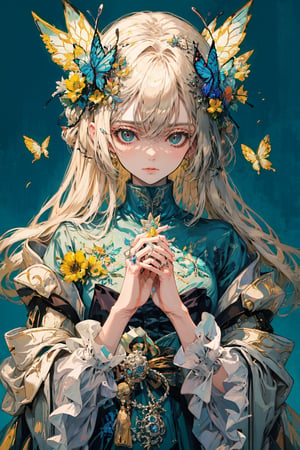 8k, (absurdres, highres, ultra detailed), a woman with long hair holding a crystal ball in her hands and surrounded by butterflies and butterflies around her, Anna Dittmann, anime art, a detailed painting, gothic art, animal, bee, beetle, bird, blue_butterfly, blue_dress, bug, butterfly, butterfly_hair_ornament, butterfly_on_hand, butterfly_print, butterfly_wings, crystal, dragonfly, dress, fairy, glowing_butterfly, hair_between_eyes, hair_ornament, kashiwazaki_sena, leaf, long_hair, long_sleeves, looking_at_animal, looking_at_viewer, origami, own_hands_together, paper_crane, solo, white_butterfly, yellow_butterfly