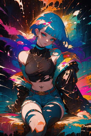 1girl, solo, long hair, breasts, looking at viewer, bangs, blue eyes, black hair, thighhighs, long sleeves, jewelry, sitting, closed mouth, blue hair, jacket, multicolored hair, earrings, open clothes, shorts, choker, midriff, belt, black thighhighs, blunt bangs, necklace, off shoulder, two-tone hair, open jacket, lips, crop top, head tilt, torn clothes, aqua hair, tattoo, makeup, blue background, piercing, tank top, denim, yellow jacket,portrait