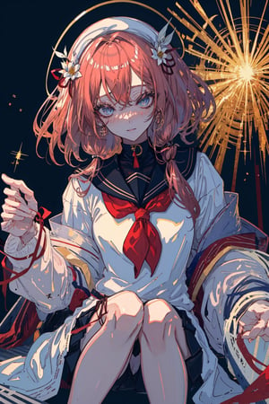 In a breathtaking masterpiece, a petite teenage girl with wine red hair and low twintails, tied with a yellow hair tie, sits elegantly in a sailor suit adorned with an ivory dress, red ribbon, and long sleeves. Her eyes sparkle like big dreams, filled with perfect fingers grasping a flower. Her face is a work of art, with vibrant eyes and a shy blush. The dynamic pose showcases her delicate features, with intricate details on the ivory skirt and sailor suit. The lighting is exquisite, with lens flares adding depth to the ultra-detailed UHD image.