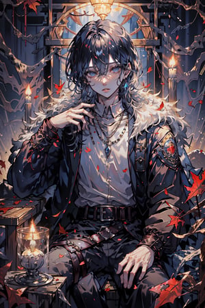 solo, looking at viewer, short hair, bangs, blue eyes, shirt, black hair, long sleeves, 1boy, hair between eyes, jewelry, sitting, jacket, white shirt, male focus, outdoors, parted lips, sky, belt, necklace, tree, black jacket, fur trim, leaf, fire, fur collar, candle, autumn leaves