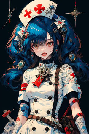 1girl, solo, long hair, breasts, looking at viewer, smile, open mouth, bangs, simple background, gloves, hat, dress, holding, animal ears, twintails, brown eyes, medium breasts, blue hair, full body, short sleeves, :d, belt, white gloves, bag, white dress, hair over one eye, blood, bandages, short dress, eyepatch, black background, bandaged arm, nurse cap, nurse, bandaged leg, erune, syringe, oversized object, bandage over one eye, holding syringe, red cross, intravenous drip, blood bag