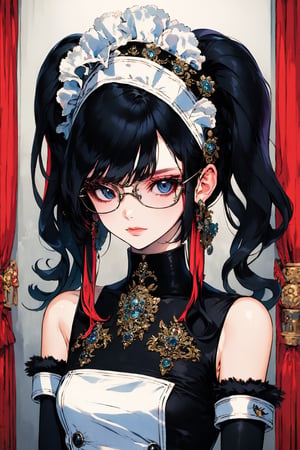1girl, solo, long hair, breasts, looking at viewer, bangs, black hair, gloves, animal ears, bare shoulders, twintails, jewelry, closed mouth, upper body, multicolored hair, earrings, detached sleeves, black gloves, elbow gloves, indoors, lips, fur trim, maid headdress, on bed,portrait
