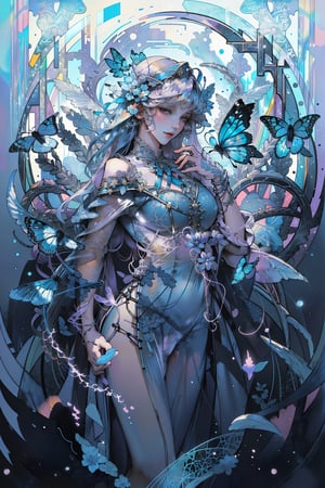 8k, (absurdres, highres, ultra detailed),1LADY. light blue butterfly (transparent, luminous), different world letters, pastel colors, fantasy world, Art Nouveau, Alphonse Mucha