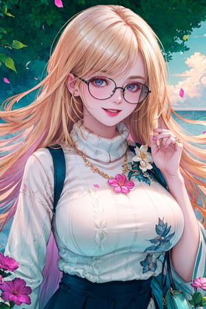 8k, (absurdres, highres, ultra detailed), (1lady:1.3), (((blond_green_long_hair))), ultra resolution image, kawaii, mystery, aesthetic:1.2, colorful, dynamic angle, highest detailed face), big glasses, black rimmed glasses, happy smile, (wearing a pink oversized_sweater:1.2), pleated skirt, sunset, fall colors, beautiful trees, nature, flowers, windy, hair flowing in the wind, sun shinning through hair, high contrast, (official art, extreme detailed, highest detailed, natural skin texture, hyperrealism, soft light, sharp, perfect face), golden dawn, :d, Big boobs1:3. (((Smoky makeup))), curvy, ,midjourney