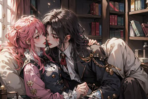 8k, middle world clothing, library, Rococo style, sweet, romance,midjourney, kissing,1boy