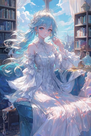 1girl, solo, long hair, looking at viewer, bangs, blue eyes, shirt, hair ornament, long sleeves, holding, hair between eyes, sitting, very long hair, white shirt, frills, parted lips, green hair, sky, day, cloud, indoors, bag, tree, book, window, aqua hair, chair, table, curtains, frilled sleeves, bookshelf, jar, flask, globe,portrait