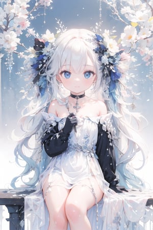 A young girl sits alone, her long white hair cascading down her back like a river of snow. Her bright blue eyes sparkle as she gazes directly at the viewer, a gentle blush rising to her cheeks. A delicate hair ornament adorns her locks, which fall between her eyes in soft waves. She wears black gloves and long sleeves under her flowing white dress, cinched at the collarbone by a silver chain. A black choker with a small cross pendant glimmers around her neck. Her feet are lost outside of frame, but her hands cradle a spoon as if she's savoring a secret treat.