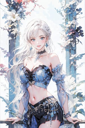 1girl, solo, long hair, breasts, looking at viewer, bangs, blue eyes, skirt, large breasts, navel, holding, cleavage, bare shoulders, jewelry, very long hair, standing, purple eyes, white hair, thighs, cowboy shot, earrings, detached sleeves, choker, midriff, miniskirt, huge breasts, bracelet, crop top, strapless, staff, holding staff