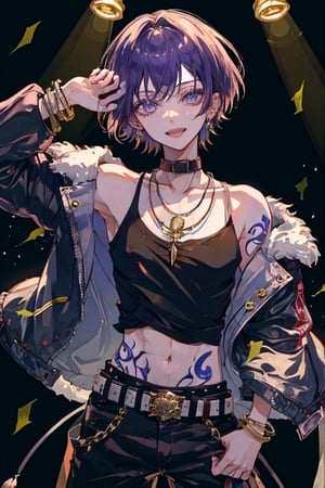 solo, looking at viewer, smile, short hair, open mouth, shirt, 1boy, navel, holding, jewelry, nipples, jacket, purple hair, male focus, cowboy shot, earrings, open clothes, teeth, tongue, belt, pants, necklace, off shoulder, collar, bracelet, black jacket, see-through, open shirt, tattoo, black pants, abs, pectorals, bare pectorals, stage, stage lights