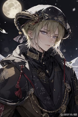(grey eyes, short hair), alphonse mucha, masterpiece, best quality, ultra detailed, highly detailed, perfect face, 1 man, short hair, white hair, yellow eyes (perfect male body), wearing a brown winter jacket, wearing an ushanka, dark colors, night, in the snow, moon stars in the sky,mmcsuou