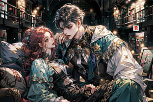8k, middle world clothing, library, Rococo style, sweet, romance,midjourney, kissing,1boy