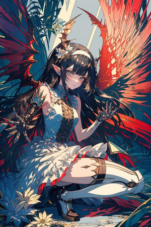 1girl, solo, long hair, breasts, looking at viewer, bangs, black hair, thighhighs, dress, bare shoulders, closed mouth, tail, full body, hairband, small breasts, frills, wings, horns, sleeveless, pointy ears, black thighhighs, blunt bangs, white dress, grey eyes, kneeling, frilled dress, white flower, dragon horns, dragon girl, dragon tail, mecha musume, mechanical arms, one knee, mechanical wings, dragon wings, mechanical legs, mechanical tail,portrait,illustration,fcloseup,rgbcolor,emotion