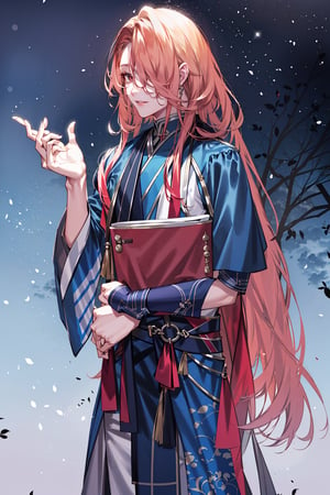 8k, midjourney, niji, male, long red hair, blue theme,