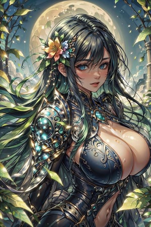 8k, (absurdres, highres, ultra detailed), (1lady), Big boobs:1.2, curvy, sexy, ((best quality)), ((masterpiece)) Moon, Luna, Goddess, Flower,shennongshi,DonMF41ryW1ng5=, blue theme, portrait