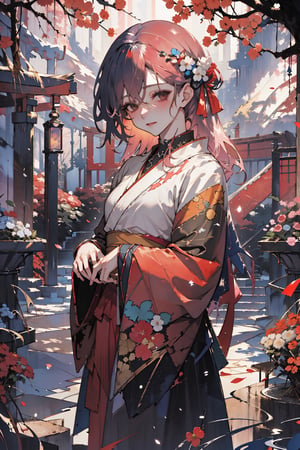 masterpiece, 1 woman, Kasumi Yoshizawa, red ribbon, flowers, garden, cute, shy, blush, smile, colorful flowers, beautiful kimono, red kimono, hands hiding behind kimono