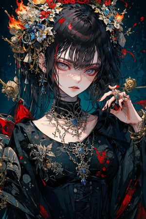 A mysterious figure emerges from the haze of red smoke, her piercing gaze locking onto the viewer. The model's short, jet-black hair is juxtaposed against a backdrop of fiery crimson, as blue-hued tips peek out from beneath her black shirt. A delicate necklace adorns her neck, complemented by multiple rings on her fingers and ears. Her parted lips seem to invite a whisper, while her multicolored eyes gleam with an air of intrigue. The flicker of smoke dances around her, as she raises one hand in a subtle gesture, the blue-painted nails shimmering in the dim light. A silver mask covers half her face, adding an aura of enigmatic charm to this captivating solo portrait.