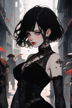 (Masterpiece, Top Quality, Best Quality, Official Art, Beauty and Aesthetics: 1.2), hdr, high contrast, wide shot, 1girl, long straight black hair, blunt bangs, cheering for the audience, noticeable brown eyes, long light eyebrows , soft makeup, gradient lips, hourglass figure, big breasts exposed, finger details, background details, ambient lighting, extreme details, cinematic shots, realistic illustrations, (Ultra Detail: 1.2), Swordsman,perfect