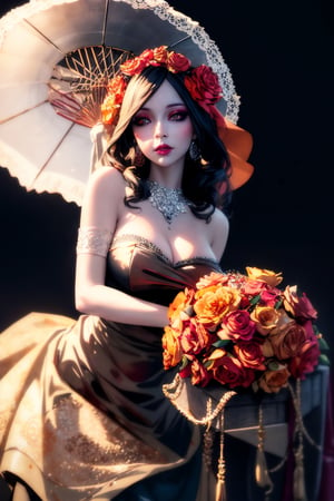 (Best quality, 8k, 32k, Masterpiece, UHD:1.2),  full body potrait of a woman with Catrina makeup, dia de los muertos, white make up, orange, black makeup, emulating a skull with the make up, orange flowers as ornament in hair, many orange flowers, wearing a gown, gloves  and attractive features, eyes, eyelid,  focus, depth of field, film grain,, ray tracing, ((contrast lipstick)), slim model, detailed natural real skin texture, visible skin pores, anatomically correct, night, cemetary background,  Catrina