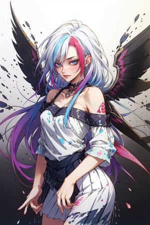 collar, bare shoulders, ((colorful hair)), ((streaked hair)), beautiful detailed eyes, (Gradient color eyes), (((colorful eyes))), super long hair, small breasts, (cowboy shot), (white background), ribbon, ((pleated skirt):1.25), detailed clothes, (splatter)/=((colorful ink splash wings):1.4),
