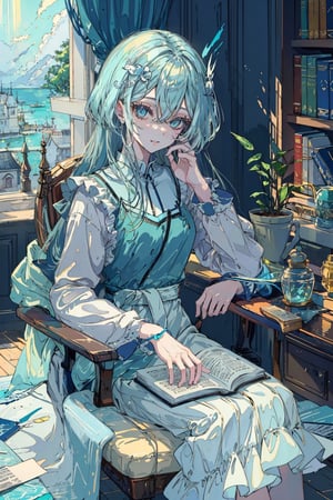 A serene portrait of a girl with very long, vibrant aqua hair and matching green streaks, framed by the soft glow of daylight streaming through the white-frilled windows. Her blue eyes meet the viewer's gaze, bangs framing her heart-shaped face. A delicate hair ornament adorns her forehead as she sits comfortably on a chair, her long sleeves gathered in frills. Her parted lips are set in a gentle smile as she cradles her hair between her eyes, holding it close like a treasured secret. The room is filled with natural light, casting a warm glow on the bookshelf, jar, and globe nearby, while the curtains billow softly in the breeze.