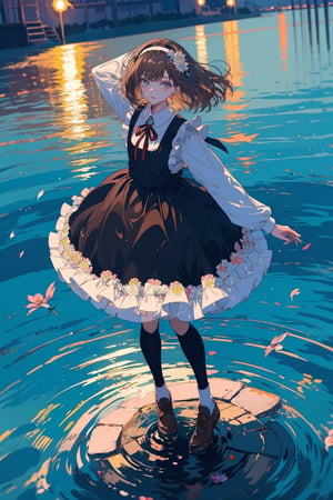 1girl, solo, looking at viewer, bangs, blue eyes, brown hair, hair ornament, long sleeves, dress, ribbon, standing, braid, flower, hairband, outdoors, frills, parted lips, socks, water, blurry, kneehighs, black socks, wading, arms at sides