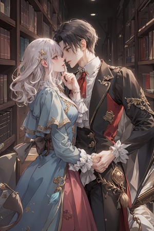 8k, middle world clothing, library, Rococo style, sweet, romance,midjourney, kissing