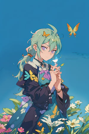 8k, (absurdres, highres, ultra detailed), a woman with long hair holding a crystal ball in her hands and surrounded by butterflies and butterflies around her, Anna Dittmann, anime art, a detailed painting, gothic art, animal, bee, beetle, bird, blue_butterfly, blue_dress, bug, butterfly, butterfly_hair_ornament, butterfly_on_hand, butterfly_print, butterfly_wings, crystal, dragonfly, dress, fairy, glowing_butterfly, hair_between_eyes, hair_ornament, kashiwazaki_sena, leaf, long_hair, long_sleeves, looking_at_animal, looking_at_viewer, origami, own_hands_together, paper_crane, solo, white_butterfly, yellow_butterfly