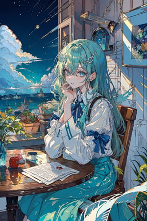 1girl, solo, long hair, looking at viewer, bangs, blue eyes, shirt, hair ornament, long sleeves, holding, hair between eyes, sitting, very long hair, white shirt, frills, parted lips, green hair, sky, day, cloud, indoors, bag, tree, book, window, aqua hair, chair, table, curtains, frilled sleeves, bookshelf, jar, flask, globe,portrait