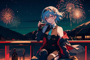 1girl, solo, breasts, looking at viewer, smile, bangs, hair ornament, thighhighs, gloves, long sleeves, holding, sitting, blue hair, purple eyes, hairband, necktie, sky, black gloves, black thighhighs, medium hair, cup, clothing cutout, night, black hairband, night sky, holding cup, alcohol, drinking glass, blue necktie, railing, vision \(genshin impact\), wine glass, shoulder cutout, fireworks, eula \(genshin impact\),portrait,illustration