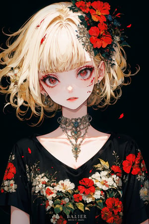 1girl, solo, looking at viewer, bangs, blonde hair, shirt, hair ornament, red eyes, jewelry, collarbone, upper body, flower, parted lips, choker, hair flower, blunt bangs, nail polish, lips, fingernails, head tilt, black shirt, eyelashes, blood, makeup, black choker, ring, red flower, t-shirt, black nails, clothes writing, red background, blood on face, hibiscus,portrait