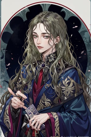 solo,green eyes,(long wavy hair:1.3),very long hair,tarot, art nouveau ,Art Nouveau Style,,