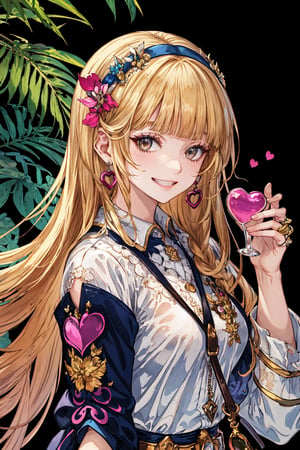 1girl, solo, long hair, looking at viewer, smile, bangs, blonde hair, shirt, holding, brown eyes, jewelry, white shirt, upper body, heart, hairband, earrings, teeth, blunt bangs, grin, lips, animal, cat, holding animal,masterpiece, outdoor,