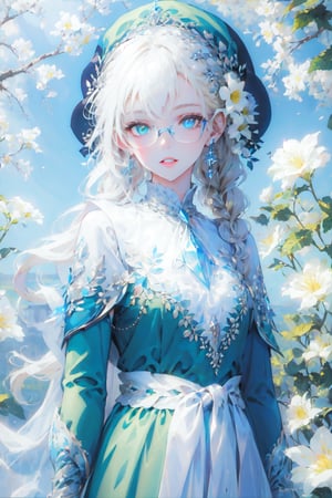 1girl, solo, long hair, looking at viewer, bangs, blue eyes, blonde hair, shirt, long sleeves, hat, dress, holding, jewelry, green eyes, braid, flower, earrings, outdoors, parted lips, glasses, twin braids, ascot, capelet, heterochromia, brooch, green dress, green headwear, white ascot