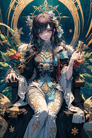 A majestic masterpiece of official art, capturing the essence of '1GIRL' with long wave hair that flows like a golden waterfall. Her features are as delicate as snowflakes, set against a detailed, isometric background reminiscent of Art Nouveau's ornate patterns. The scene is bathed in a warm, black-golden-purple light, evoking the mystical aura of tarot cards. In this stunning illustration, our subject sits poised, her gaze captivating and mysterious, as if conjuring forth secrets from the very fabric of the intricate design that surrounds her.