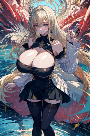 1girl, solo, long hair, breasts, looking at viewer, blue eyes, blonde hair, large breasts, thighhighs, long sleeves, dress, cleavage, bare shoulders, jewelry, standing, pantyhose, earrings, parted lips, detached sleeves, wide sleeves, black dress, halterneck, watermark