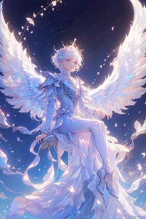 8k, Fluffy White Angel male perched upon golden bejeweled tower in a heavenly utopian city, huge feathery angel wings, glowing nebula eyes, white flowing clouds, ivory armor with diamond gem inlay, trending on artstation, sharp focus, studio photo, intricate details, highly detailed, by tim burton,