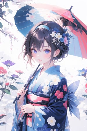 1girl, solo, looking at viewer, blush, short hair, bangs, blue eyes, brown hair, hair ornament, long sleeves, holding, hair between eyes, purple eyes, upper body, flower, sidelocks, hairband, outdoors, parted lips, japanese clothes, hair flower, wide sleeves, kimono, sash, umbrella, obi, floral print, holding umbrella, print kimono, oil-paper umbrella, red umbrella