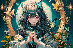 8k, (absurdres, highres, ultra detailed), a woman with long hair holding a crystal ball in her hands and surrounded by butterflies and butterflies around her, Anna Dittmann, anime art, a detailed painting, gothic art, animal, bee, beetle, bird, blue_butterfly, blue_dress, bug, butterfly, butterfly_hair_ornament, butterfly_on_hand, butterfly_print, butterfly_wings, crystal, dragonfly, dress, fairy, glowing_butterfly, hair_between_eyes, hair_ornament, kashiwazaki_sena, leaf, long_hair, long_sleeves, looking_at_animal, looking_at_viewer, origami, own_hands_together, paper_crane, solo, white_butterfly, yellow_butterfly