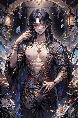 solo, long hair, looking at viewer, blue eyes, black hair, 1boy, jewelry, closed mouth, nipples, flower, male focus, japanese clothes, open clothes, artist name, necklace, bracelet, muscular, scar, abs, pectorals, muscular male, beads, bare pectorals