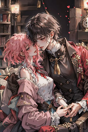 8k, middle world clothing, library, Rococo style, sweet, romance,midjourney, kissing,1boy