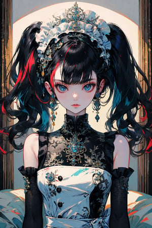 1girl, solo, long hair, breasts, looking at viewer, bangs, black hair, gloves, animal ears, bare shoulders, twintails, jewelry, closed mouth, upper body, multicolored hair, earrings, detached sleeves, black gloves, elbow gloves, indoors, lips, fur trim, maid headdress, on bed,portrait,illustration,fcloseup