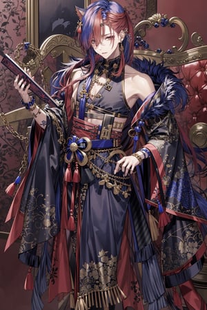 a anime character with blue hair and a black top with a cross on it's chest and a red background, Cosmo Alexander, official art, a character portrait, rococo. ahoge, bangs, bare_shoulders, blue_hair, ear_piercing, earrings, eyebrows_visible_through_hair, jewelry, looking_at_viewer, male_focus, multicolored_hair, piercing, pink_hair, red_background, see-through, sleeveless, solo, star_earrings.
