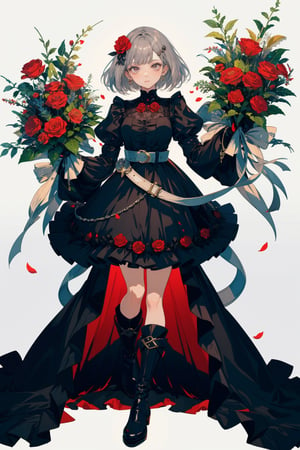 1girl, solo, looking at viewer, bangs, simple background, hair ornament, long sleeves, white background, dress, holding, closed mouth, standing, full body, flower, grey hair, boots, frills, puffy sleeves, belt, black footwear, black dress, grey eyes, petals, rose, frilled dress, red flower, red rose, bouquet, joints, grey dress, mechanical arms,portrait