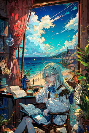 1girl, solo, long hair, looking at viewer, bangs, blue eyes, shirt, hair ornament, long sleeves, holding, hair between eyes, sitting, very long hair, white shirt, frills, parted lips, green hair, sky, day, cloud, indoors, bag, tree, book, window, aqua hair, chair, table, curtains, frilled sleeves, bookshelf, jar, flask, globe,portrait