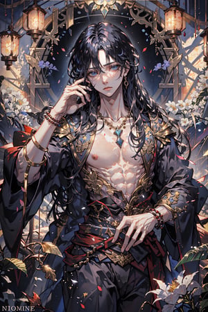 solo, long hair, looking at viewer, blue eyes, black hair, 1boy, jewelry, closed mouth, nipples, flower, male focus, japanese clothes, open clothes, artist name, necklace, bracelet, muscular, scar, abs, pectorals, muscular male, beads, bare pectorals