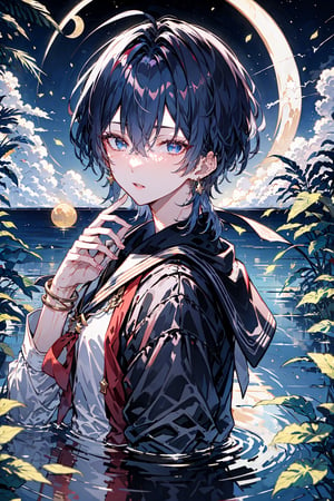 solo, looking at viewer, short hair, bangs, blue eyes, long sleeves, 1male, hair between eyes, jewelry, blue hair, upper body, male focus, earrings, outdoors, parted lips, sky, cloud, sailor collar, water, from side, looking to the side, night, ocean, moon, star \(sky\), night sky, full moon, starry sky