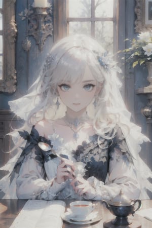 A young girl sits contemplatively in a dimly lit, ornate room with high ceilings and wooden paneling. The warm glow of a nearby candle casts a soft, golden light upon her porcelain skin. Her long white hair falls like a veil around her face, framing her bright blue eyes that sparkle with secrets. A delicate silver chain cinches the collarbone of her flowing white dress, adorned with black gloves and long sleeves. The camera captures her hands cradling a spoon, as if savoring a whispered secret.