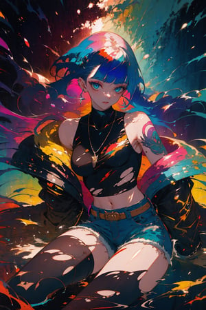 1girl, solo, long hair, breasts, looking at viewer, bangs, blue eyes, black hair, thighhighs, long sleeves, jewelry, sitting, closed mouth, blue hair, jacket, multicolored hair, earrings, open clothes, shorts, choker, midriff, belt, black thighhighs, blunt bangs, necklace, off shoulder, two-tone hair, open jacket, lips, crop top, head tilt, torn clothes, aqua hair, tattoo, makeup, blue background, piercing, tank top, denim, yellow jacket,portrait