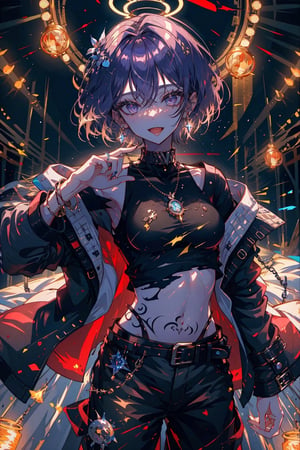 solo, looking at viewer, smile, short hair, open mouth, shirt, 1boy, navel, holding, jewelry, nipples, jacket, purple hair, male focus, cowboy shot, earrings, open clothes, teeth, tongue, belt, pants, necklace, off shoulder, collar, bracelet, black jacket, see-through, open shirt, tattoo, black pants, abs, pectorals, bare pectorals, stage, stage lights,portrait,fujimotostyle,Monochromatic,2d_artwork